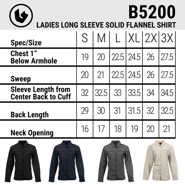 BURNSIDE LADIES LONG SLEEVE Y/D SOLID FLANNEL SHIRT - B5200
