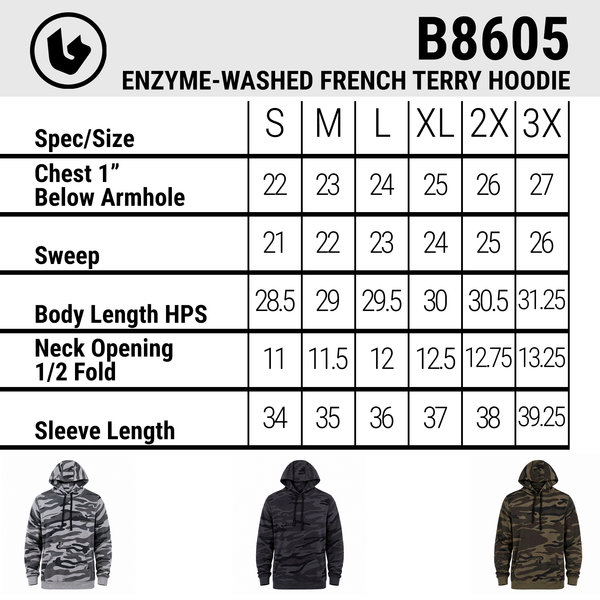 BURNSIDE MENS ENZYME WASHED FRENCH TERRY CAMO PRINT PULLOVER HOODIE - B8605