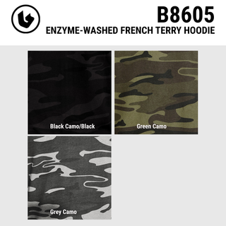BURNSIDE MENS ENZYME WASHED FRENCH TERRY CAMO PRINT PULLOVER HOODIE - B8605