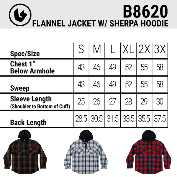 BURNSIDE MENS FLANNEL JACKET WITH SHERPA HOODIE / QUILTED POLYESTER LINING - B8620