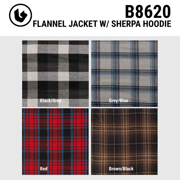 BURNSIDE MENS FLANNEL JACKET WITH SHERPA HOODIE / QUILTED POLYESTER LINING - B8620