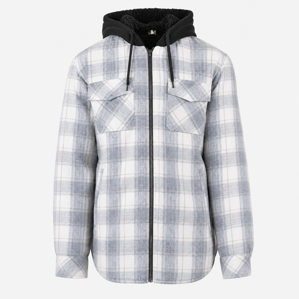 BURNSIDE MENS FLANNEL JACKET WITH SHERPA HOODIE / QUILTED POLYESTER LINING - B8620
