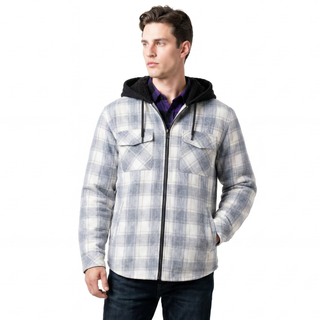 BURNSIDE MENS FLANNEL JACKET WITH SHERPA HOODIE / QUILTED POLYESTER LINING - B8620