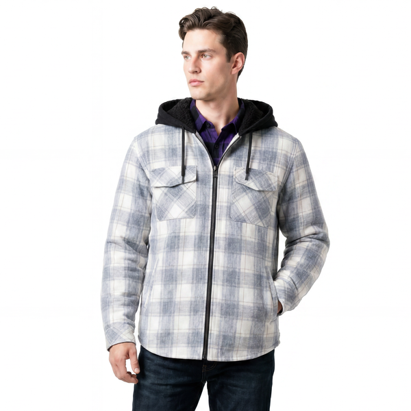 BURNSIDE MENS FLANNEL JACKET WITH SHERPA HOODIE / QUILTED POLYESTER LINING - B8620