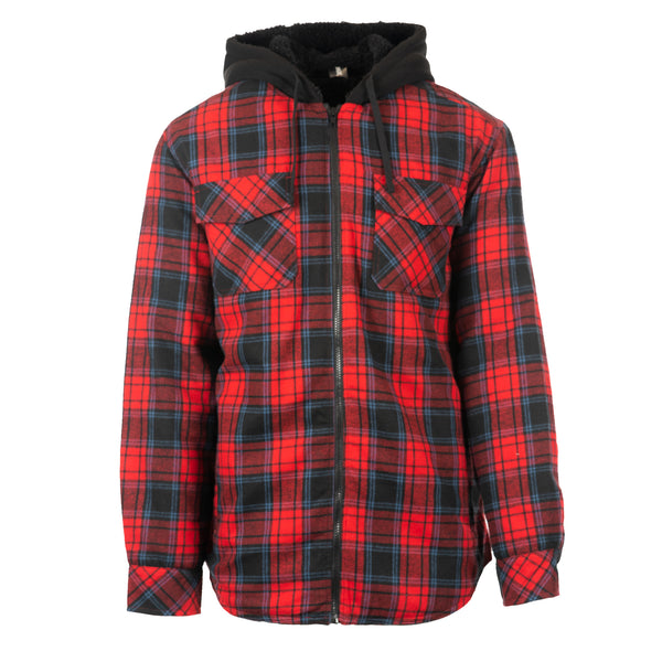 BURNSIDE MENS FLANNEL JACKET WITH SHERPA HOODIE / QUILTED POLYESTER LINING - B 8620