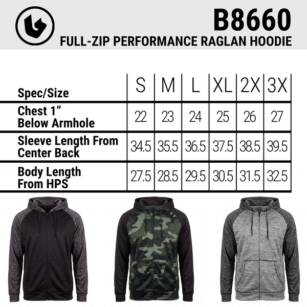 BURNSIDE FULL ZIP PERFORMANCE RAGLAN HOODIE - B8660